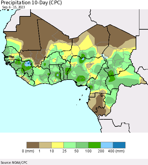 Western Africa Precipitation 10-Day (CPC) Thematic Map For 9/6/2023 - 9/15/2023