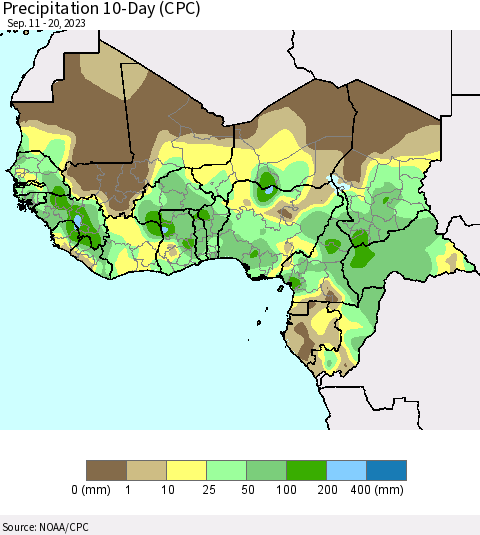 Western Africa Precipitation 10-Day (CPC) Thematic Map For 9/11/2023 - 9/20/2023