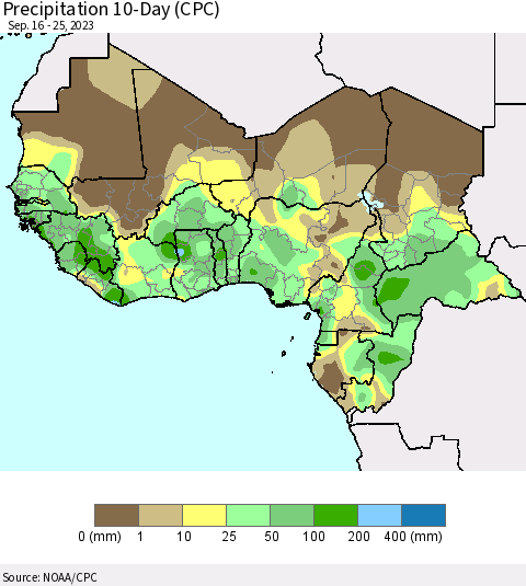 Western Africa Precipitation 10-Day (CPC) Thematic Map For 9/16/2023 - 9/25/2023