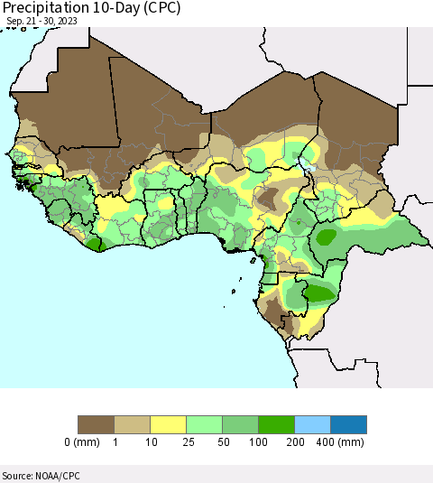 Western Africa Precipitation 10-Day (CPC) Thematic Map For 9/21/2023 - 9/30/2023
