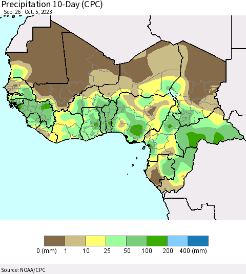 Western Africa Precipitation 10-Day (CPC) Thematic Map For 9/26/2023 - 10/5/2023