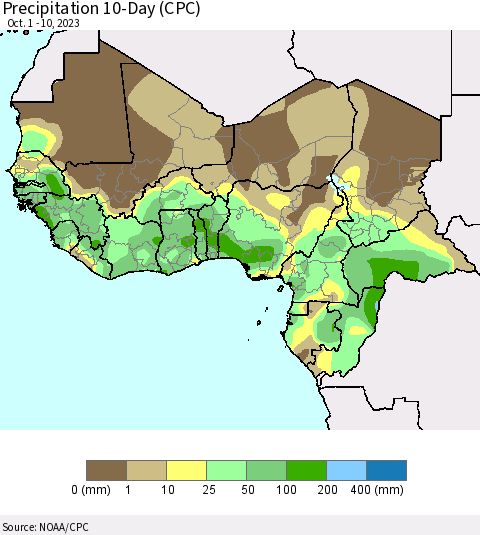 Western Africa Precipitation 10-Day (CPC) Thematic Map For 10/1/2023 - 10/10/2023