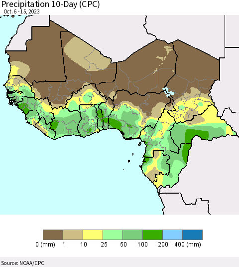Western Africa Precipitation 10-Day (CPC) Thematic Map For 10/6/2023 - 10/15/2023