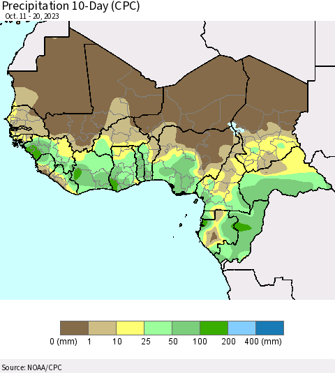 Western Africa Precipitation 10-Day (CPC) Thematic Map For 10/11/2023 - 10/20/2023