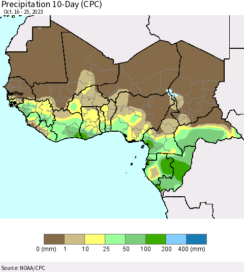 Western Africa Precipitation 10-Day (CPC) Thematic Map For 10/16/2023 - 10/25/2023