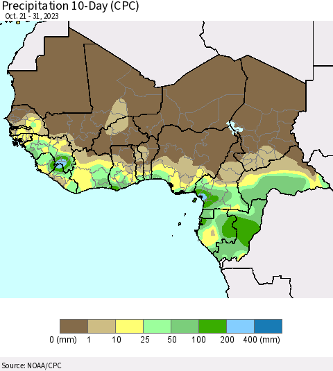 Western Africa Precipitation 10-Day (CPC) Thematic Map For 10/21/2023 - 10/31/2023