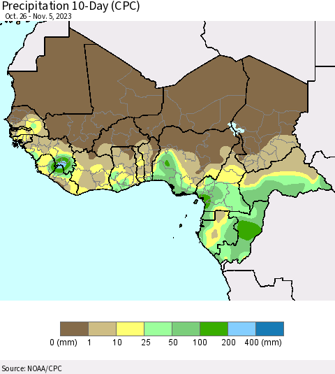 Western Africa Precipitation 10-Day (CPC) Thematic Map For 10/26/2023 - 11/5/2023