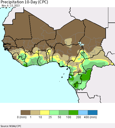 Western Africa Precipitation 10-Day (CPC) Thematic Map For 11/6/2023 - 11/15/2023