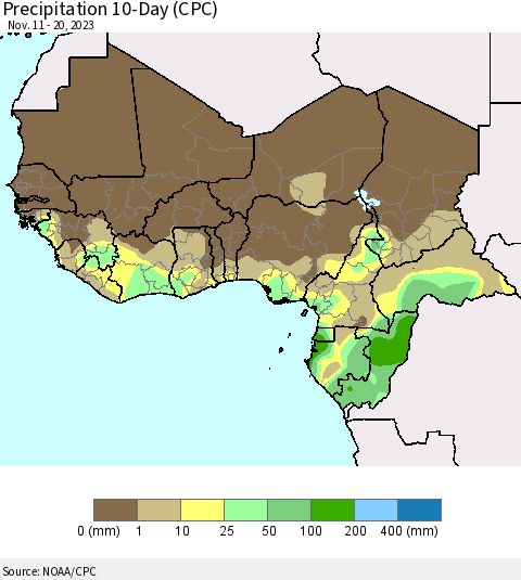 Western Africa Precipitation 10-Day (CPC) Thematic Map For 11/11/2023 - 11/20/2023