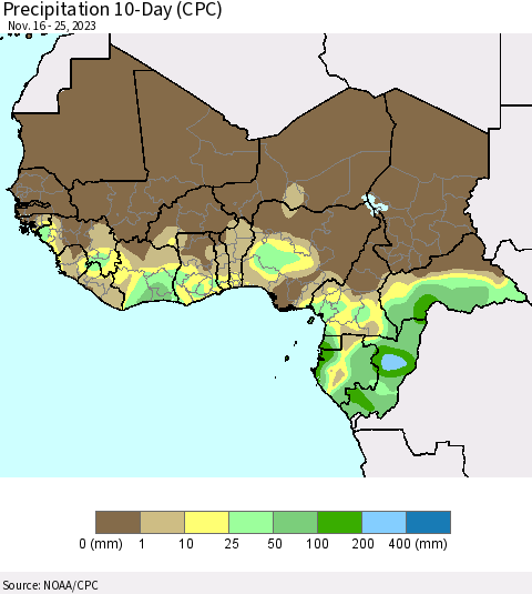 Western Africa Precipitation 10-Day (CPC) Thematic Map For 11/16/2023 - 11/25/2023