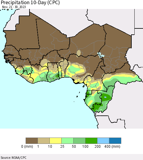 Western Africa Precipitation 10-Day (CPC) Thematic Map For 11/21/2023 - 11/30/2023
