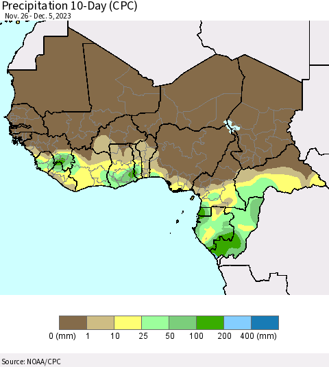 Western Africa Precipitation 10-Day (CPC) Thematic Map For 11/26/2023 - 12/5/2023