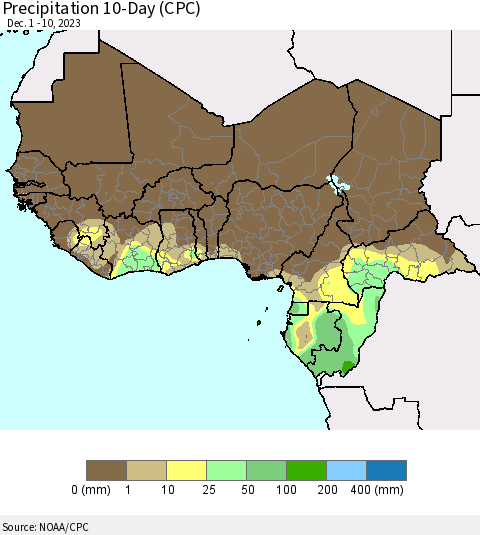 Western Africa Precipitation 10-Day (CPC) Thematic Map For 12/1/2023 - 12/10/2023