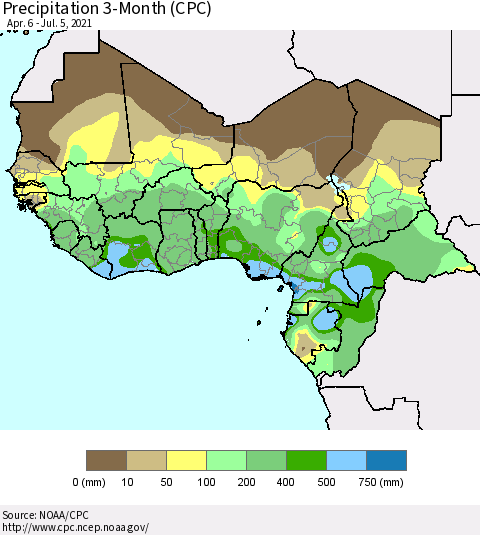 Western Africa Precipitation 3-Month (CPC) Thematic Map For 4/6/2021 - 7/5/2021