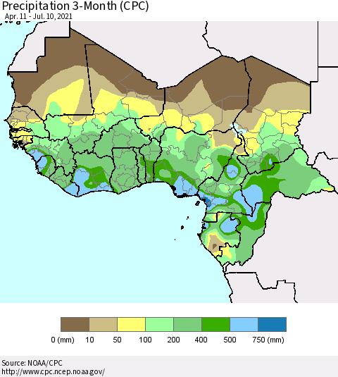 Western Africa Precipitation 3-Month (CPC) Thematic Map For 4/11/2021 - 7/10/2021