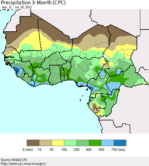 Western Africa Precipitation 3-Month (CPC) Thematic Map For 4/21/2021 - 7/20/2021