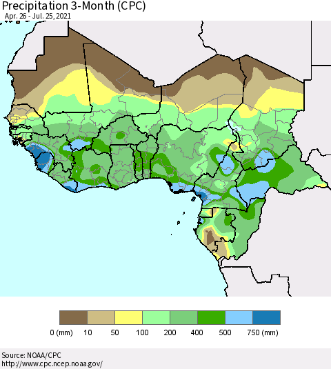 Western Africa Precipitation 3-Month (CPC) Thematic Map For 4/26/2021 - 7/25/2021