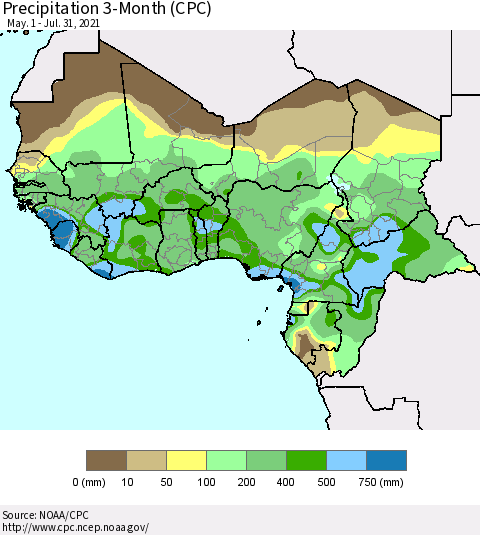 Western Africa Precipitation 3-Month (CPC) Thematic Map For 5/1/2021 - 7/31/2021