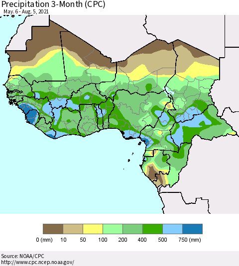 Western Africa Precipitation 3-Month (CPC) Thematic Map For 5/6/2021 - 8/5/2021