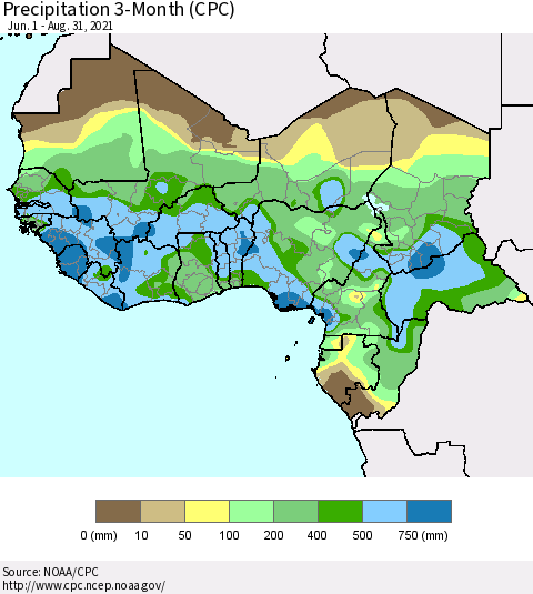 Western Africa Precipitation 3-Month (CPC) Thematic Map For 6/1/2021 - 8/31/2021