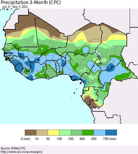 Western Africa Precipitation 3-Month (CPC) Thematic Map For 6/6/2021 - 9/5/2021