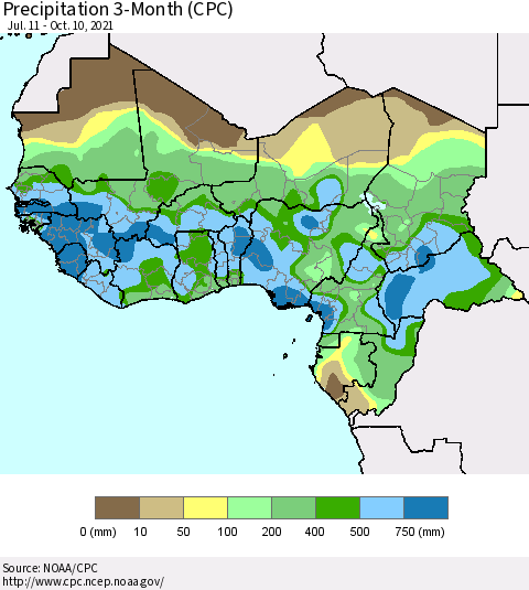 Western Africa Precipitation 3-Month (CPC) Thematic Map For 7/11/2021 - 10/10/2021