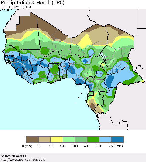 Western Africa Precipitation 3-Month (CPC) Thematic Map For 7/16/2021 - 10/15/2021
