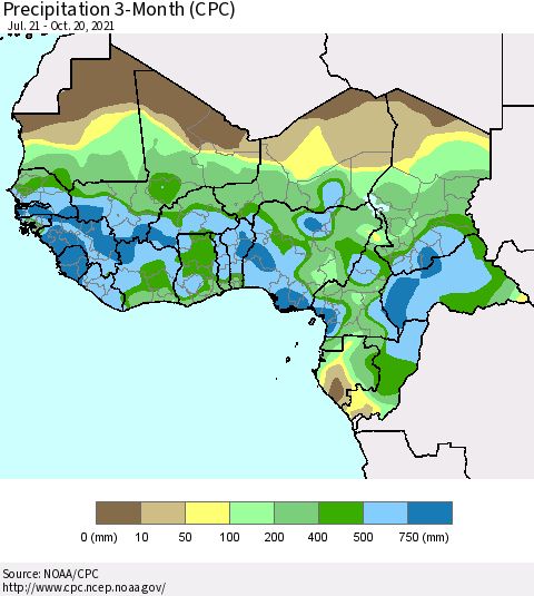 Western Africa Precipitation 3-Month (CPC) Thematic Map For 7/21/2021 - 10/20/2021