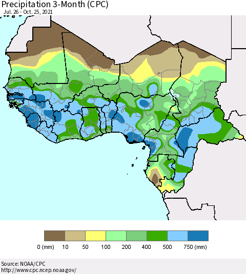 Western Africa Precipitation 3-Month (CPC) Thematic Map For 7/26/2021 - 10/25/2021