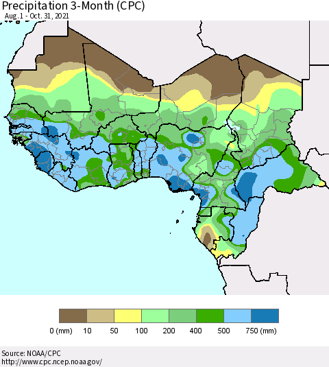 Western Africa Precipitation 3-Month (CPC) Thematic Map For 8/1/2021 - 10/31/2021