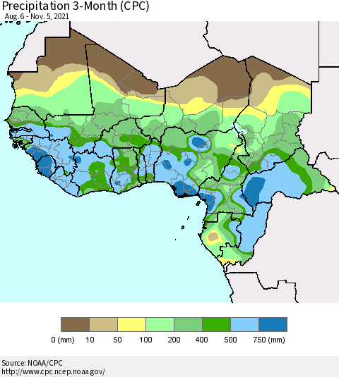 Western Africa Precipitation 3-Month (CPC) Thematic Map For 8/6/2021 - 11/5/2021