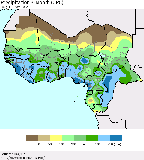 Western Africa Precipitation 3-Month (CPC) Thematic Map For 8/11/2021 - 11/10/2021
