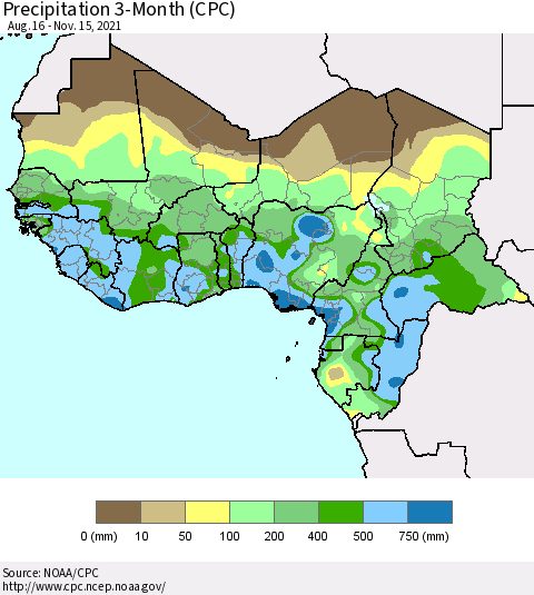 Western Africa Precipitation 3-Month (CPC) Thematic Map For 8/16/2021 - 11/15/2021