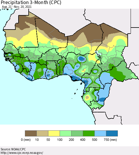 Western Africa Precipitation 3-Month (CPC) Thematic Map For 8/21/2021 - 11/20/2021