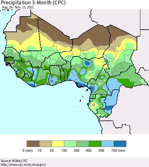 Western Africa Precipitation 3-Month (CPC) Thematic Map For 8/26/2021 - 11/25/2021
