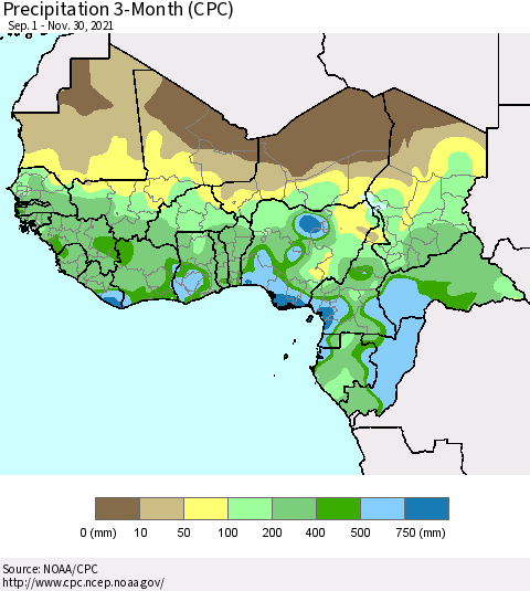 Western Africa Precipitation 3-Month (CPC) Thematic Map For 9/1/2021 - 11/30/2021