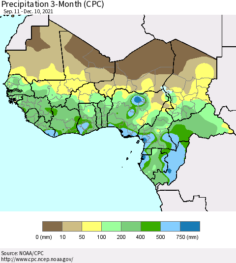 Western Africa Precipitation 3-Month (CPC) Thematic Map For 9/11/2021 - 12/10/2021