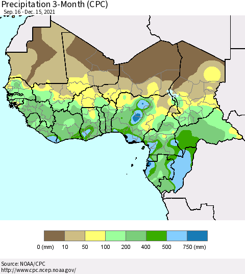 Western Africa Precipitation 3-Month (CPC) Thematic Map For 9/16/2021 - 12/15/2021