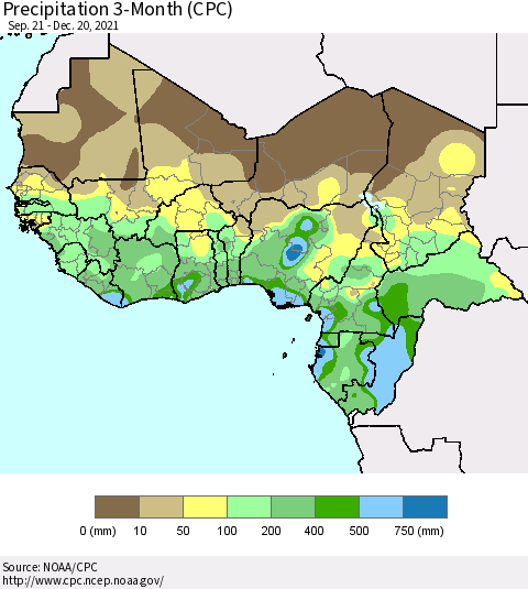 Western Africa Precipitation 3-Month (CPC) Thematic Map For 9/21/2021 - 12/20/2021