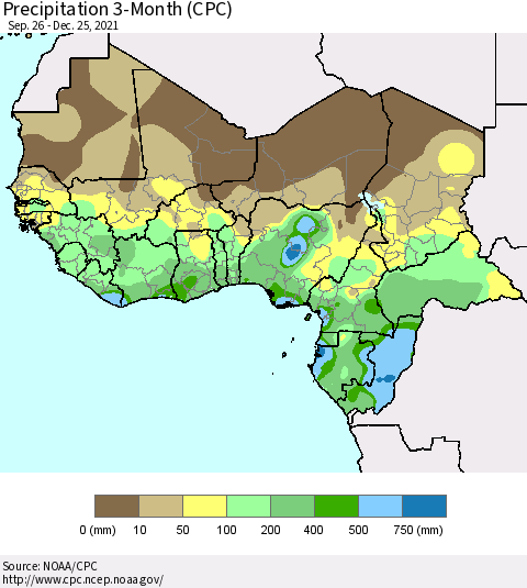 Western Africa Precipitation 3-Month (CPC) Thematic Map For 9/26/2021 - 12/25/2021