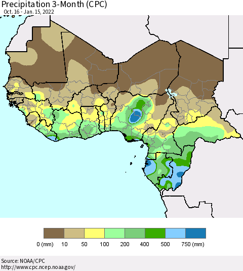 Western Africa Precipitation 3-Month (CPC) Thematic Map For 10/16/2021 - 1/15/2022