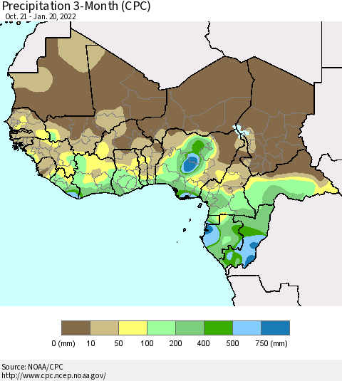 Western Africa Precipitation 3-Month (CPC) Thematic Map For 10/21/2021 - 1/20/2022