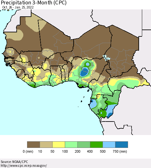 Western Africa Precipitation 3-Month (CPC) Thematic Map For 10/26/2021 - 1/25/2022