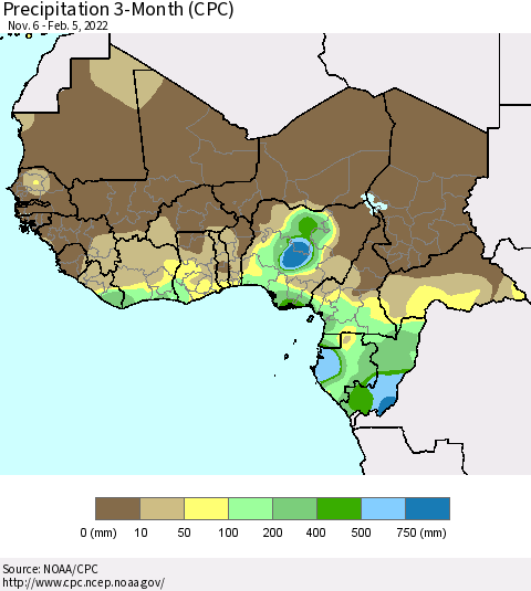 Western Africa Precipitation 3-Month (CPC) Thematic Map For 11/6/2021 - 2/5/2022