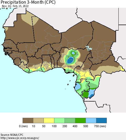 Western Africa Precipitation 3-Month (CPC) Thematic Map For 11/16/2021 - 2/15/2022