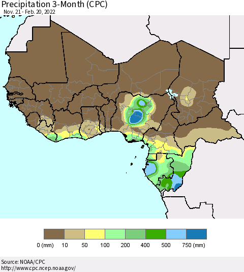 Western Africa Precipitation 3-Month (CPC) Thematic Map For 11/21/2021 - 2/20/2022