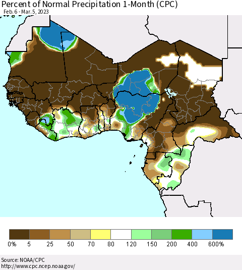 Western Africa Percent of Normal Precipitation 1-Month (CPC) Thematic Map For 2/6/2023 - 3/5/2023