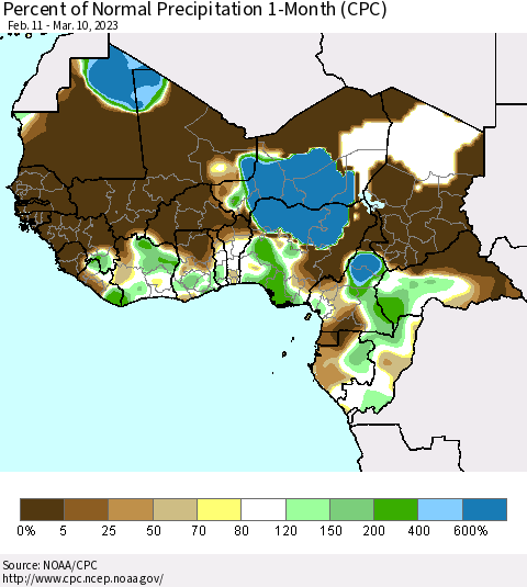 Western Africa Percent of Normal Precipitation 1-Month (CPC) Thematic Map For 2/11/2023 - 3/10/2023