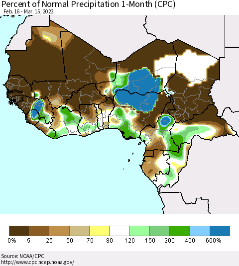 Western Africa Percent of Normal Precipitation 1-Month (CPC) Thematic Map For 2/16/2023 - 3/15/2023