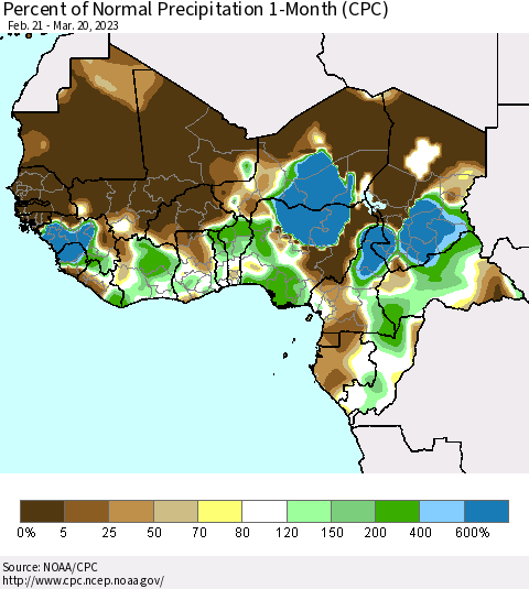 Western Africa Percent of Normal Precipitation 1-Month (CPC) Thematic Map For 2/21/2023 - 3/20/2023